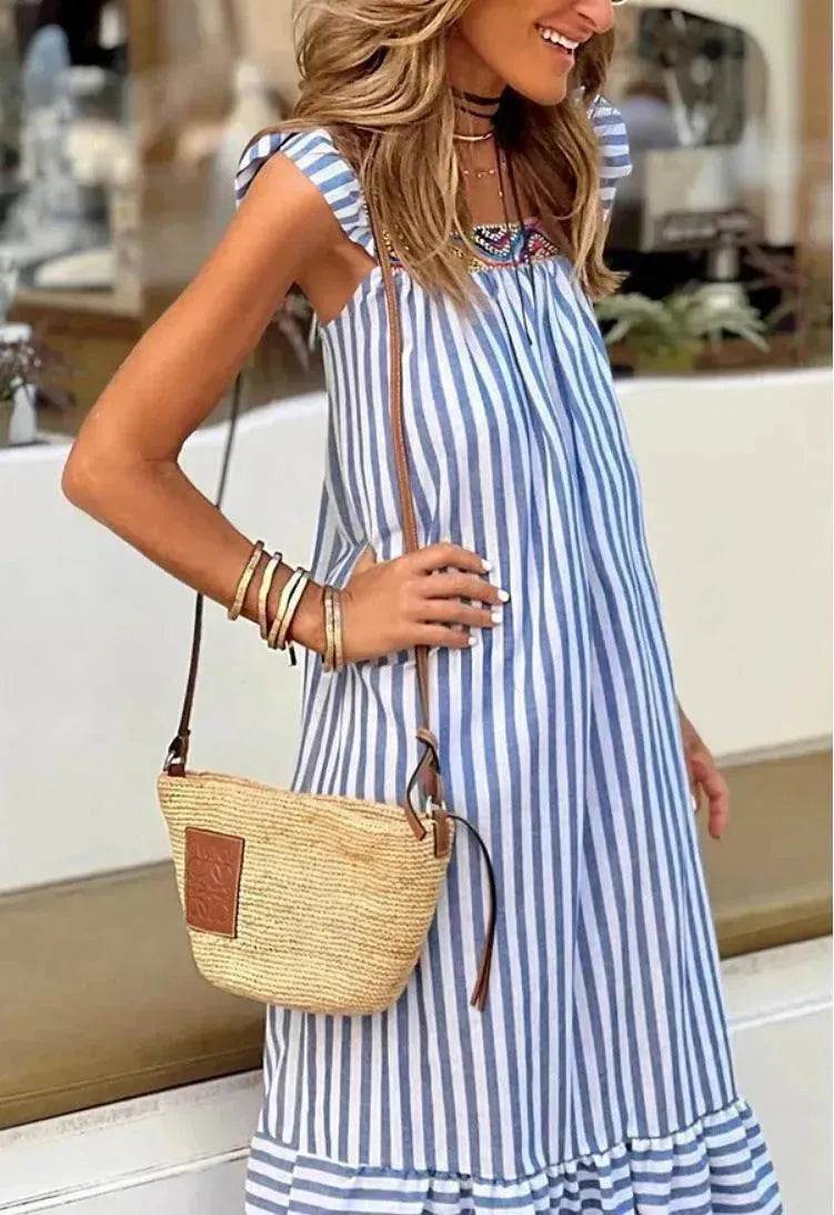 Square Collar Striped Lace-up Dress Mid-length Women - EX-STOCK Canada