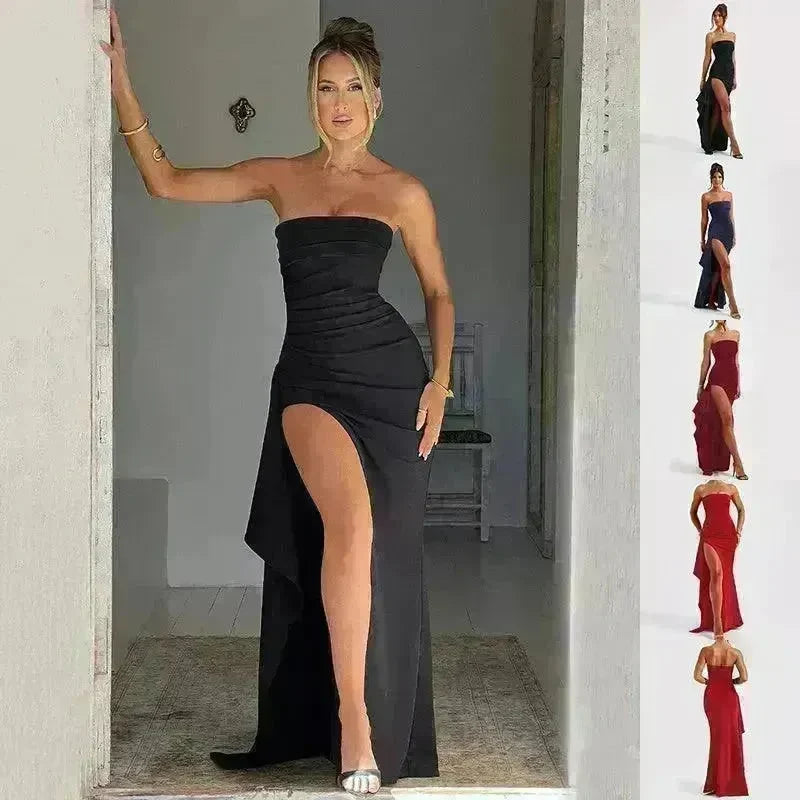Strapless Split Long Dress Summer Fashion Pleated Bridesmaid Dress For Womens Party Wedding Clothing - EX-STOCK CANADA