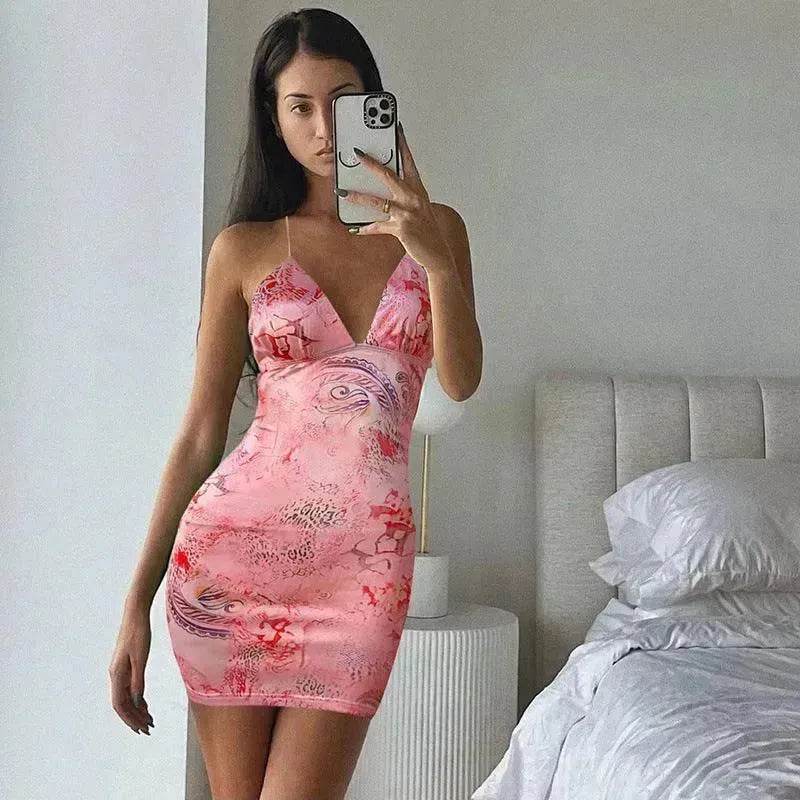 Strappy Bow Backless Slim Fit Printed Sheath Dress - EX-STOCK Canada