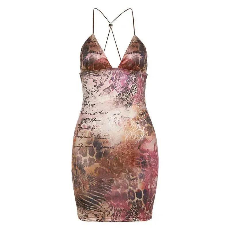 Strappy Bow Backless Slim Fit Printed Sheath Dress - EX-STOCK Canada