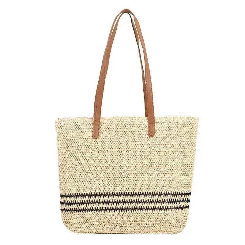 Striped Large Capacity Casual Summer Woven Straw Beach Tote Bag - EX-STOCK Canada