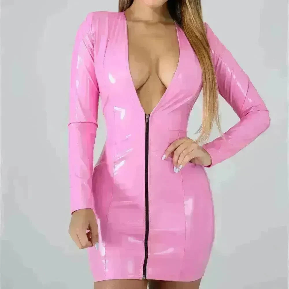 Stylish Bodycon Leather Mini Dress for Women V-neck Zipper Short Dress Long Sleeve Dress Party Dress - EX-STOCK CANADA