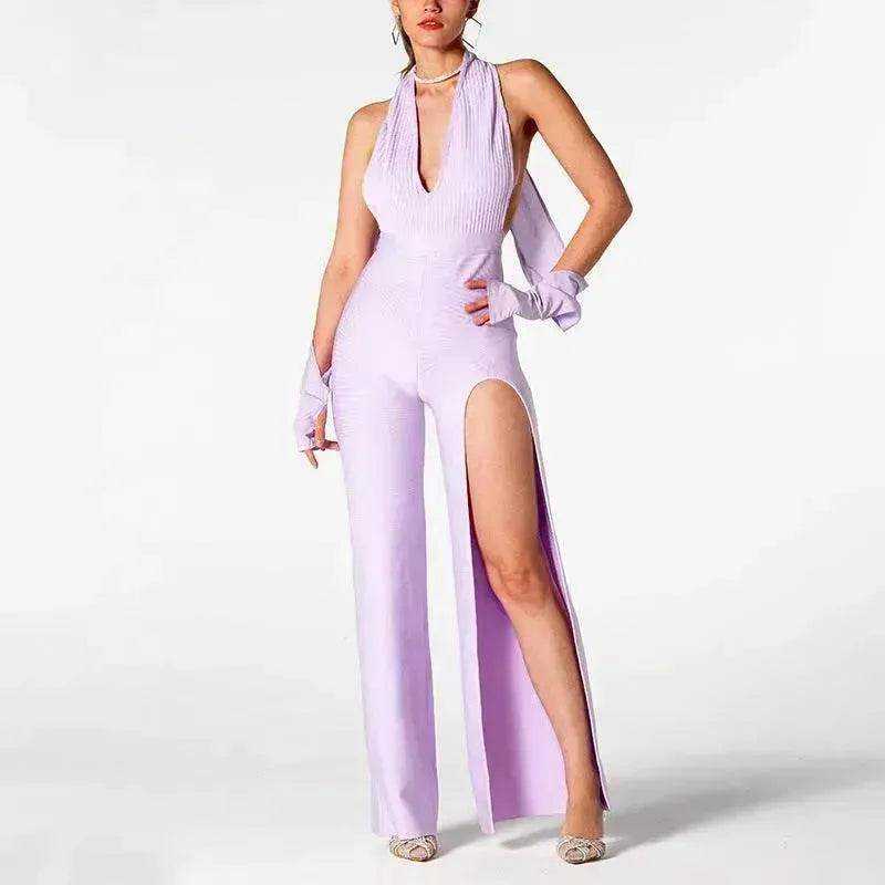 Summer Backless Halter V-neck Slimming Backless Slit Jumpsuit - EX-STOCK Canada