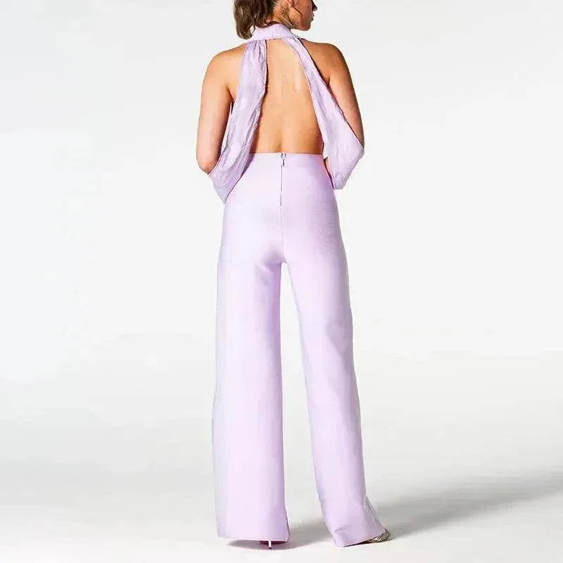 Summer Backless Halter V-neck Slimming Backless Slit Jumpsuit - EX-STOCK CANADA