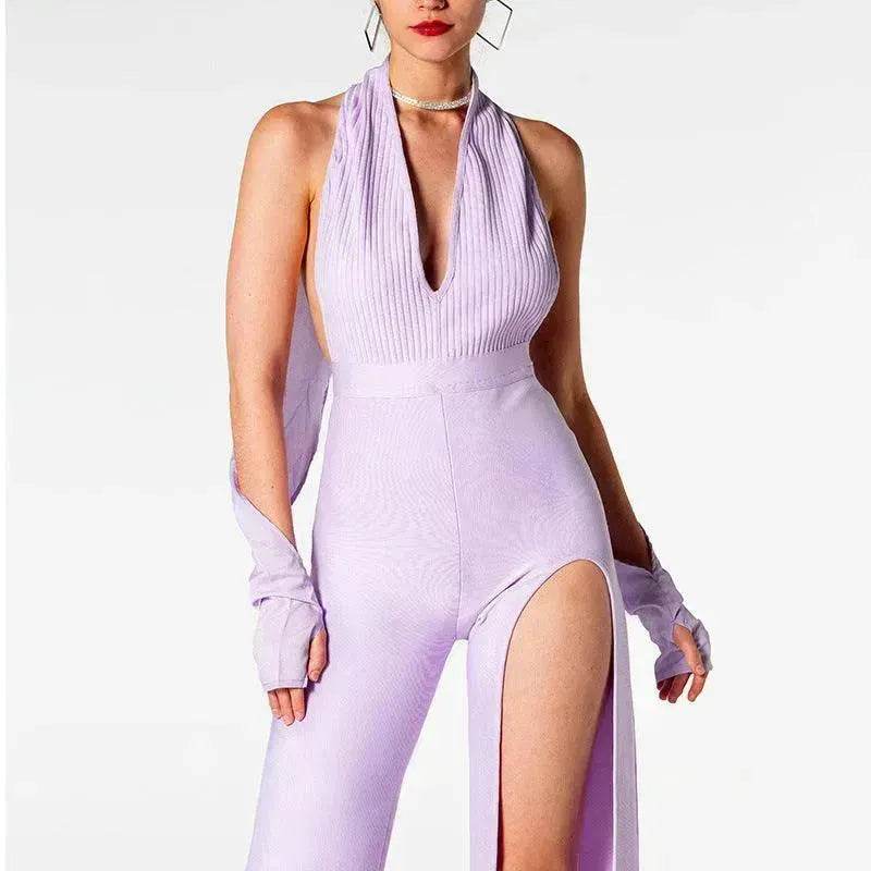 Summer Backless Halter V-neck Slimming Backless Slit Jumpsuit - EX-STOCK Canada