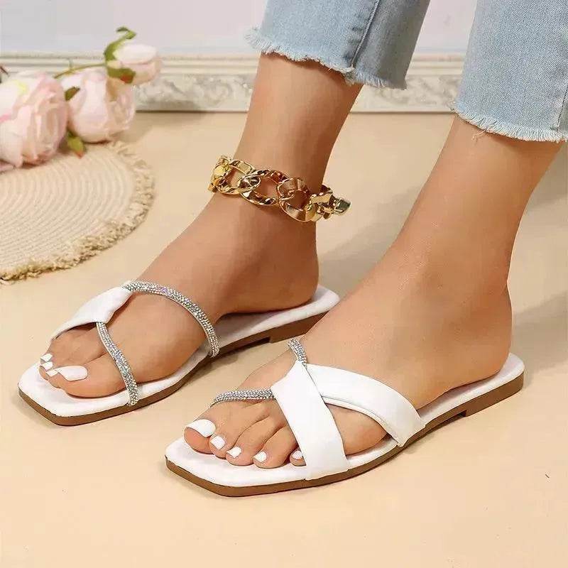 Summer Flat Sandals With Rhinestone Design Toe Slippers Outdoor Beach Shoes For Women - EX-STOCK Canada