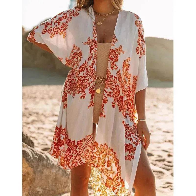 Summer Mid-length Slit Print Loose Beach Cover Sun Protection Shirt - EX-STOCK Canada