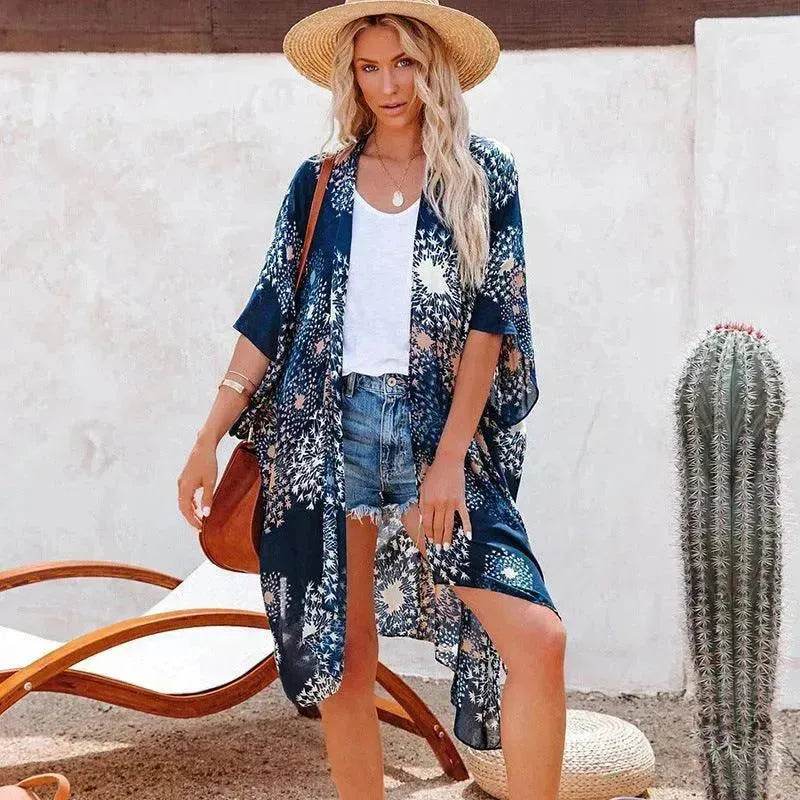Summer Mid-length Slit Print Loose Beach Cover Sun Protection Shirt - EX-STOCK Canada