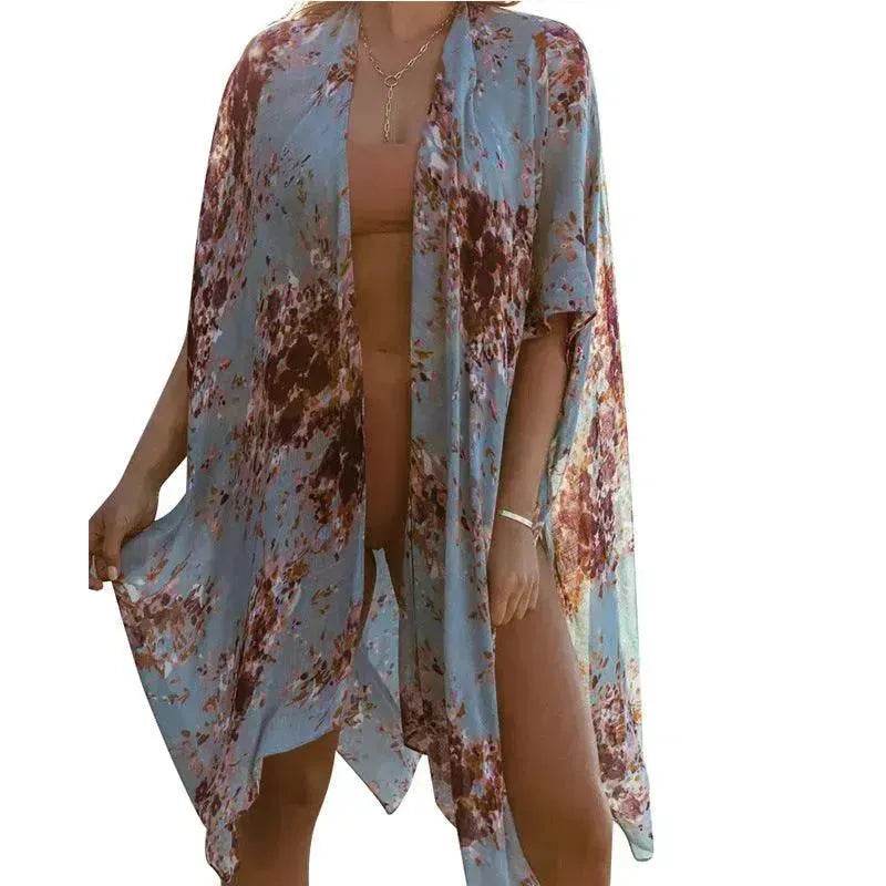 Summer Mid-length Slit Print Loose Beach Cover Sun Protection Shirt - EX-STOCK Canada