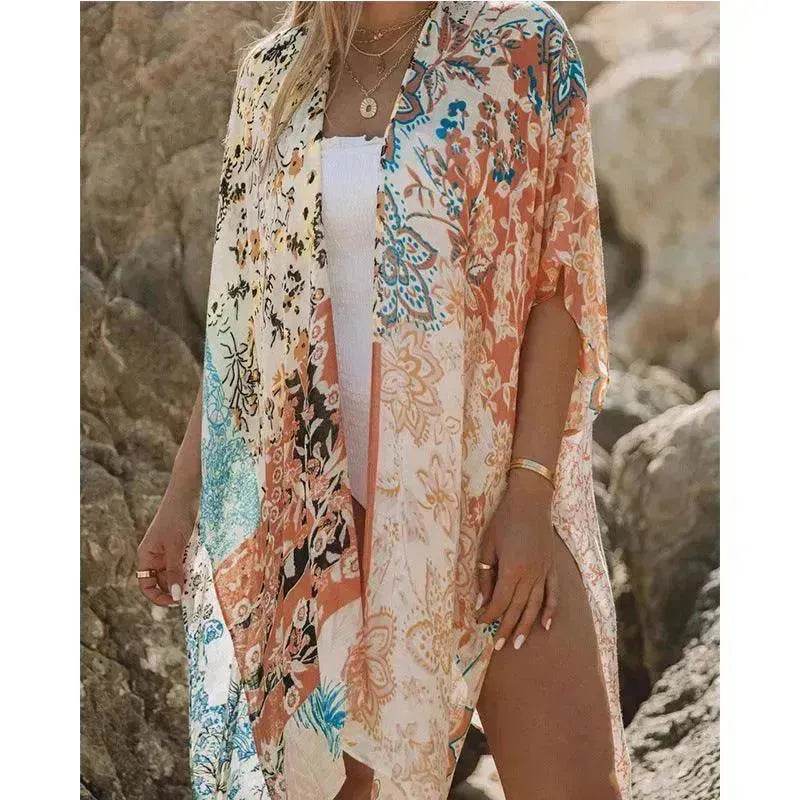 Summer Mid-length Slit Print Loose Beach Cover Sun Protection Shirt - EX-STOCK Canada