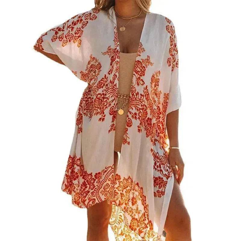 Summer Mid-length Slit Print Loose Beach Cover Sun Protection Shirt - EX-STOCK Canada