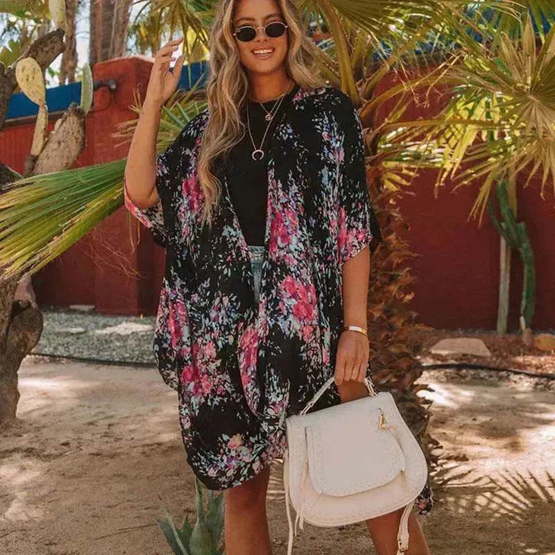 Summer Mid-length Slit Print Loose Beach Cover Sun Protection Shirt - EX-STOCK Canada