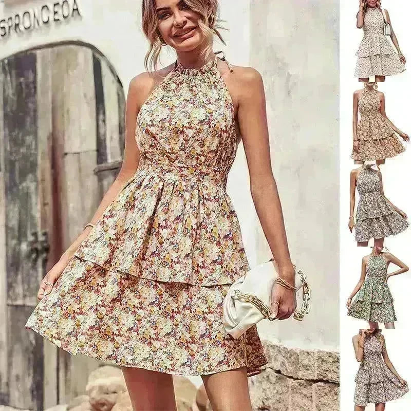 Summer Printed Halter Dress Fashion Boho Backless Ruffled A-Line Beach Dresses For Womens Clothing - EX-STOCK CANADA