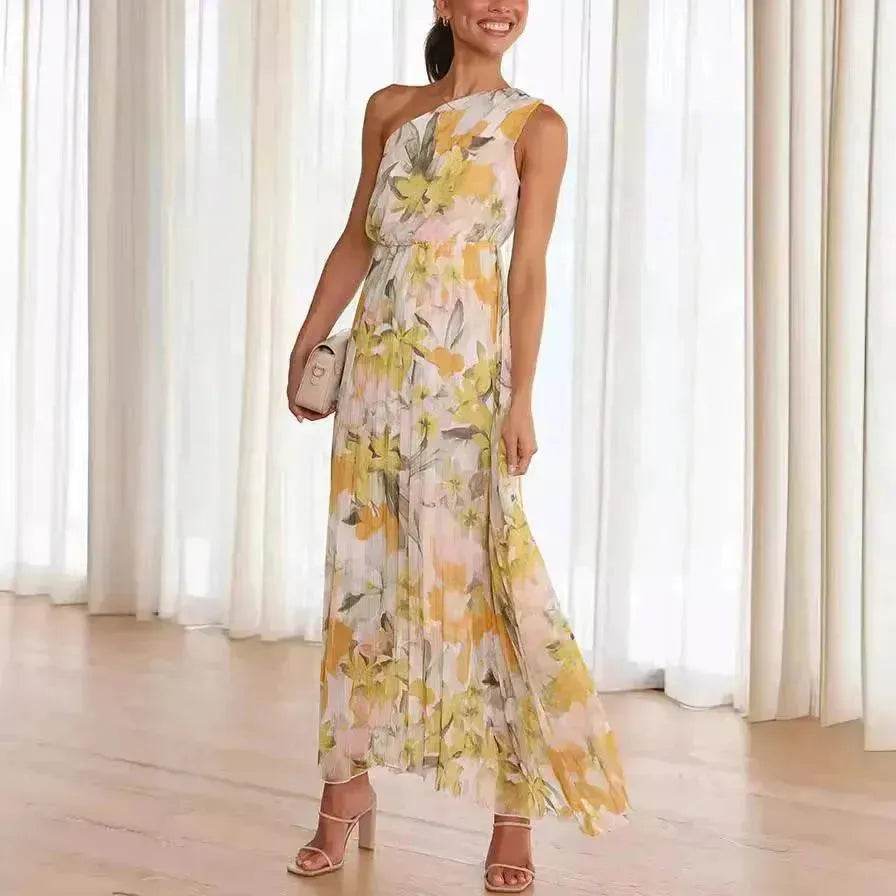 Summer Printed Oblique Shoulder Elastic Waist Vacation Floral Sleeveless Midi Dress - EX-STOCK Canada