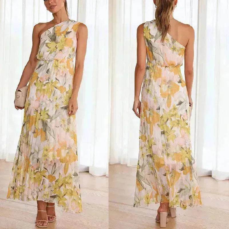 Summer Printed Oblique Shoulder Elastic Waist Vacation Floral Sleeveless Midi Dress - EX-STOCK Canada
