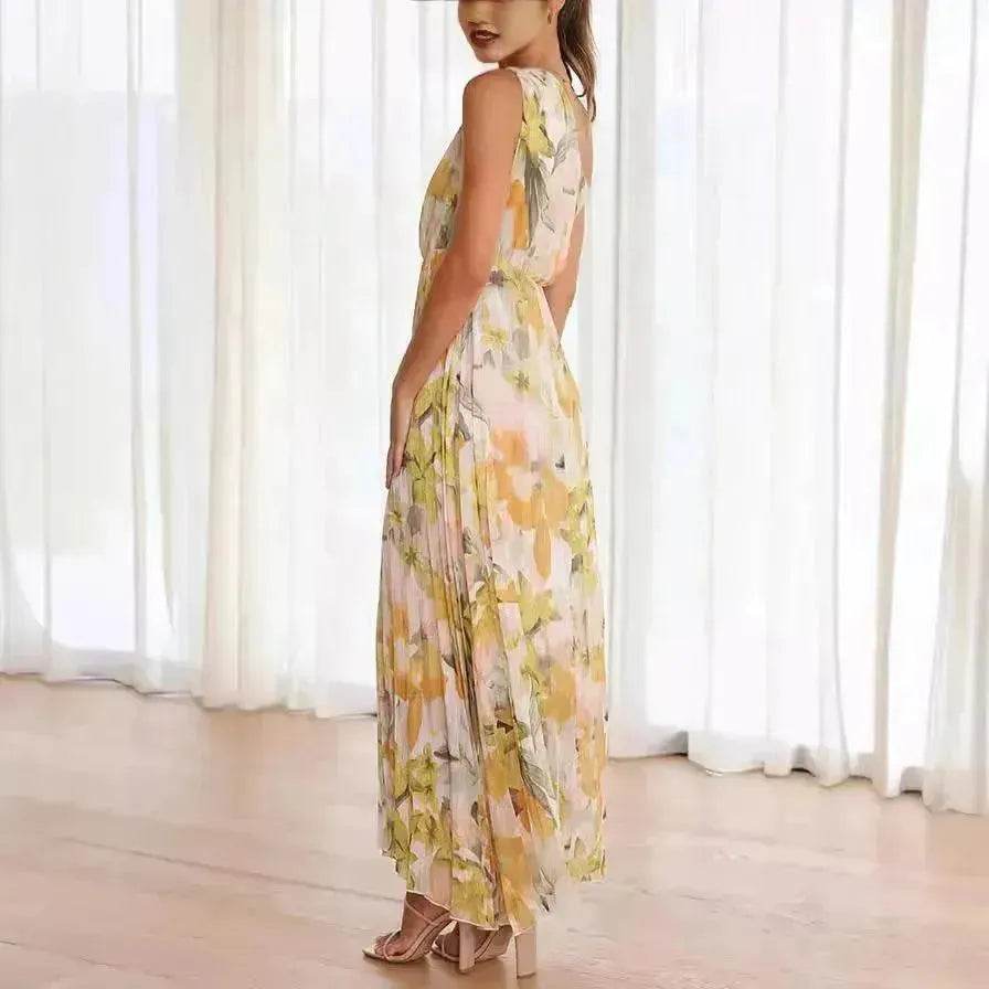 Summer Printed Oblique Shoulder Elastic Waist Vacation Floral Sleeveless Midi Dress - EX-STOCK Canada