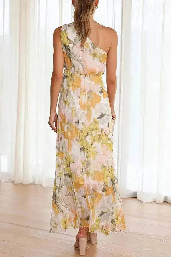 Summer Printed Oblique Shoulder Elastic Waist Vacation Floral Sleeveless Midi Dress - EX-STOCK Canada