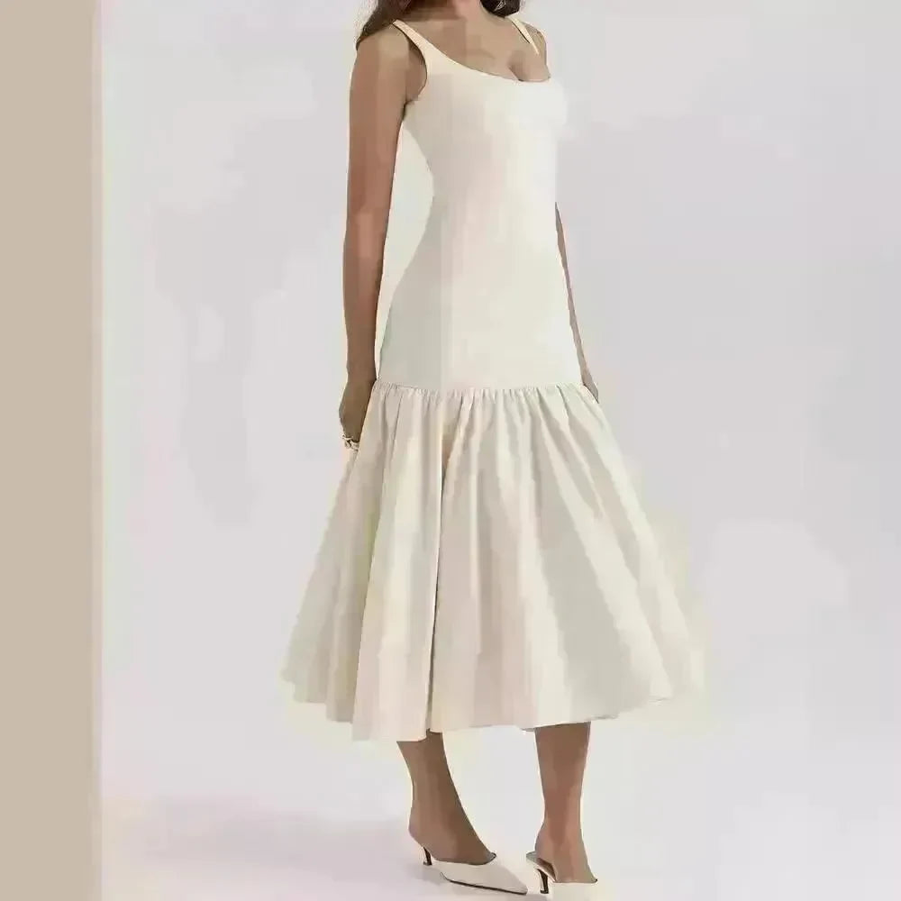 Summer Round Neck Sleeveless Solid Color Pleating Slim Fit Dress - EX-STOCK CANADA
