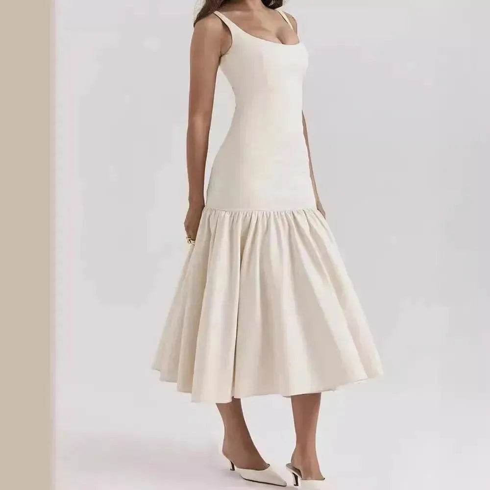 Summer Round Neck Sleeveless Solid Color Pleating Slim Fit Dress - EX-STOCK Canada