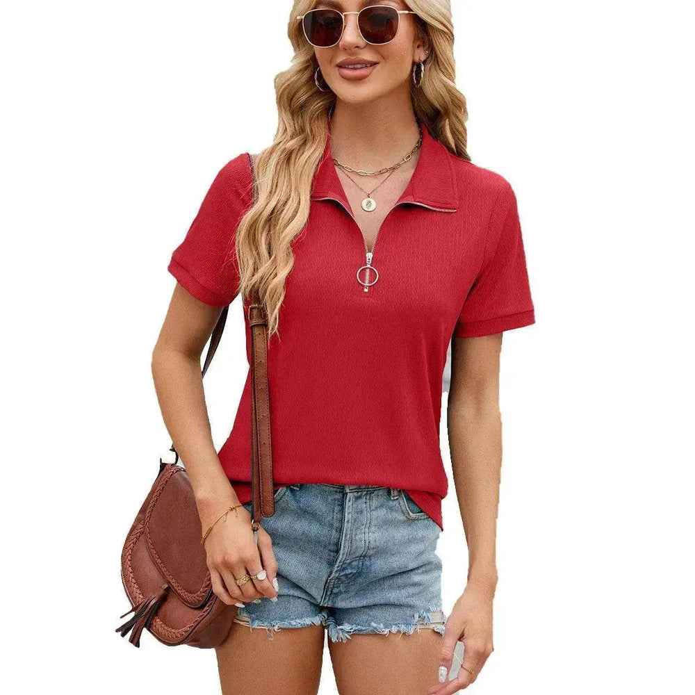 Summer Short Sleeve T-shirt Casual Loose Solid Color Zipper And Lapel Top For Women - EX-STOCK Canada