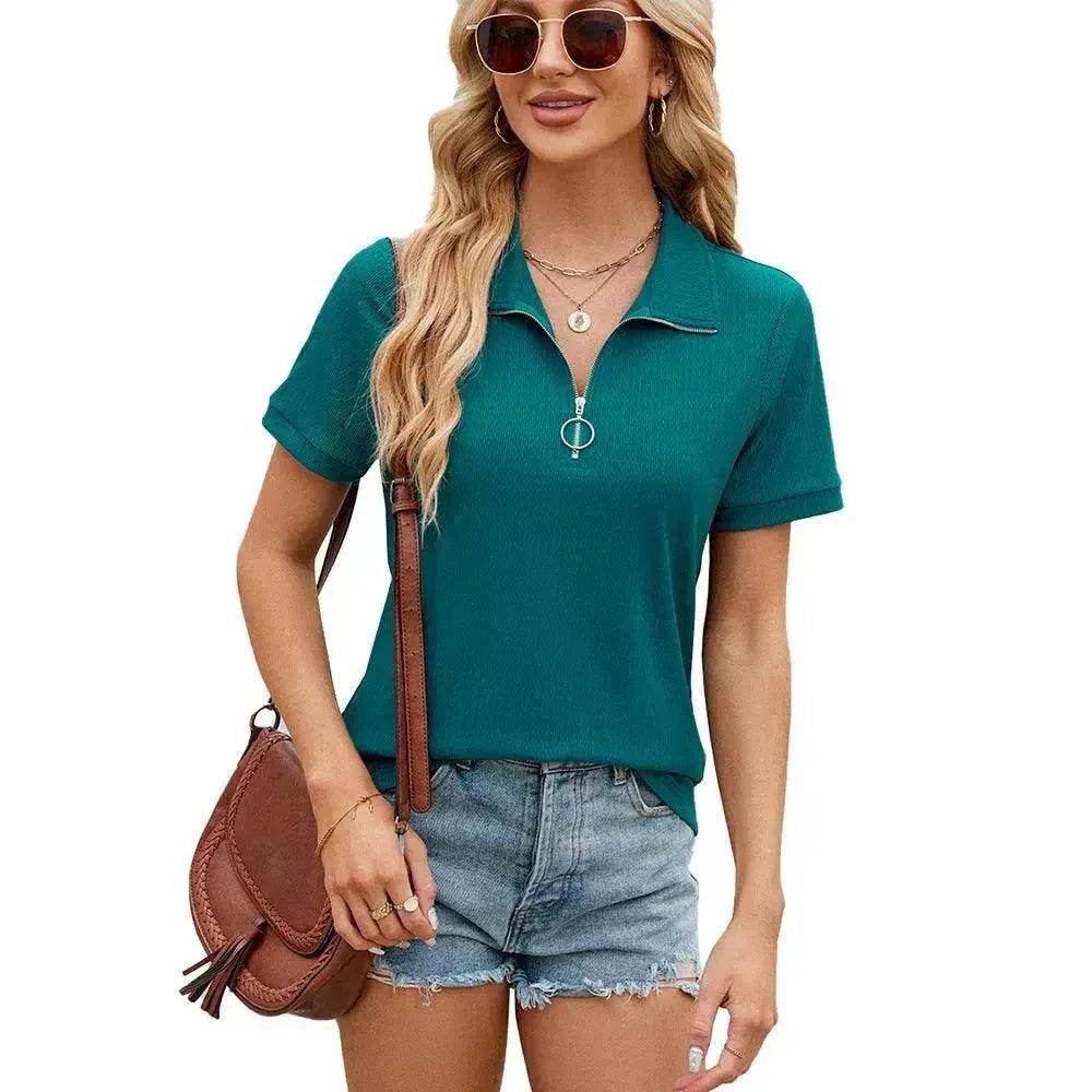 Summer Short Sleeve T-shirt Casual Loose Solid Color Zipper And Lapel Top For Women - EX-STOCK Canada