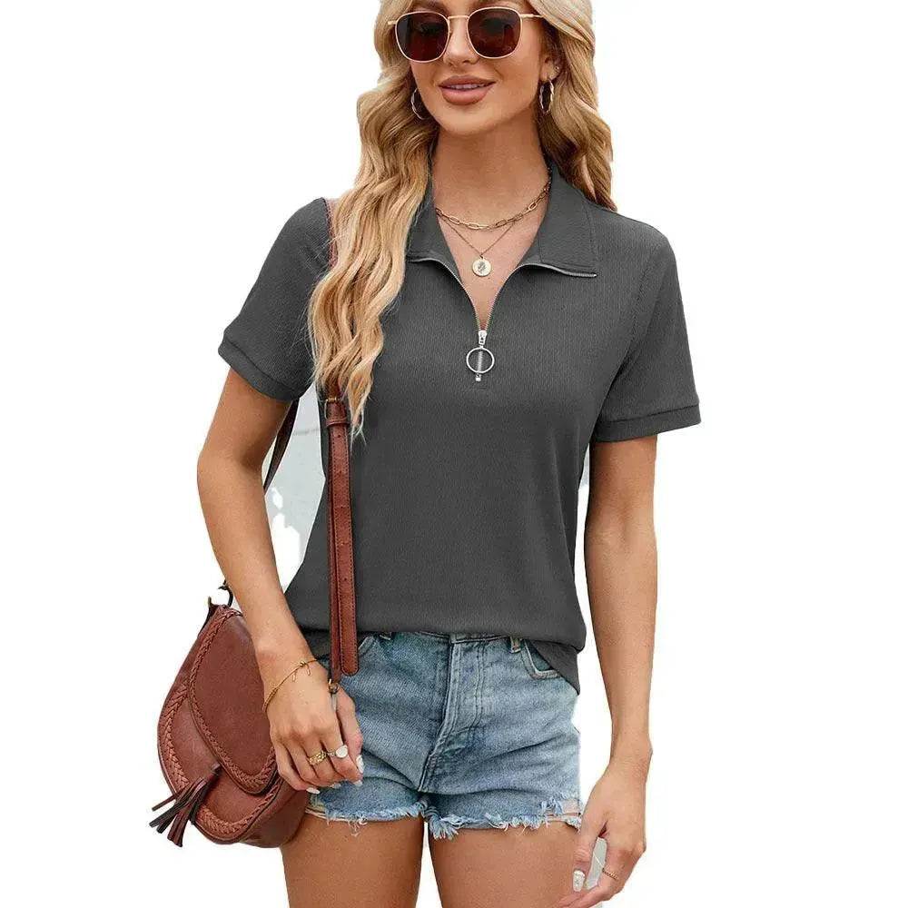 Summer Short Sleeve T-shirt Casual Loose Solid Color Zipper And Lapel Top For Women - EX-STOCK Canada