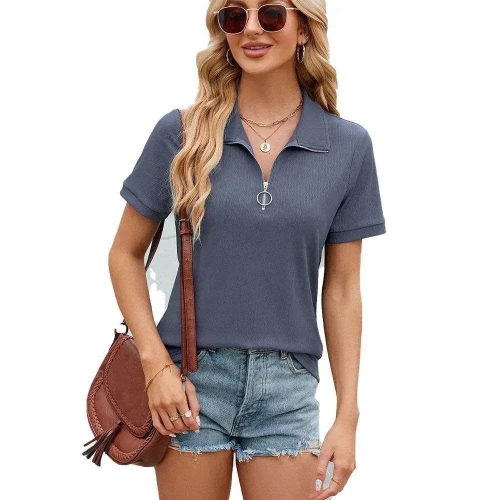 Summer Short Sleeve T-shirt Casual Loose Solid Color Zipper And Lapel Top For Women - EX-STOCK Canada