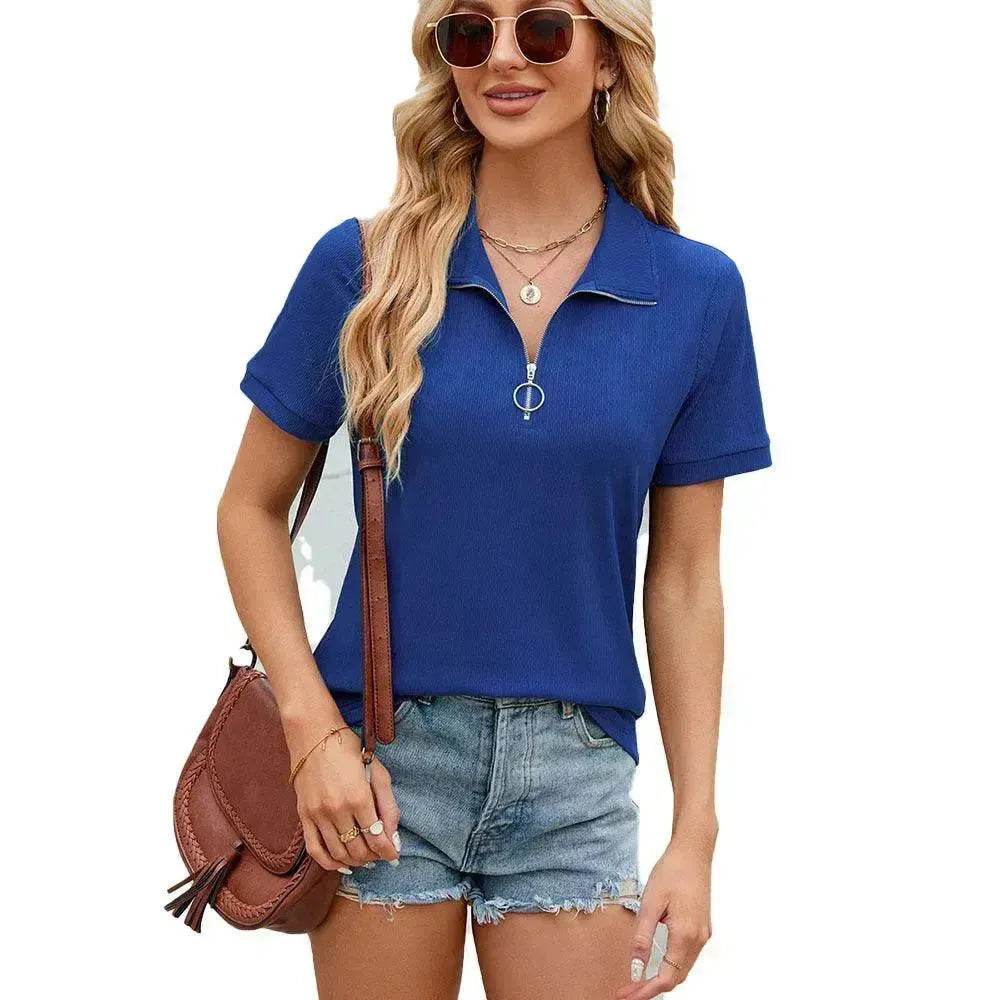 Summer Short Sleeve T-shirt Casual Loose Solid Color Zipper And Lapel Top For Women - EX-STOCK Canada