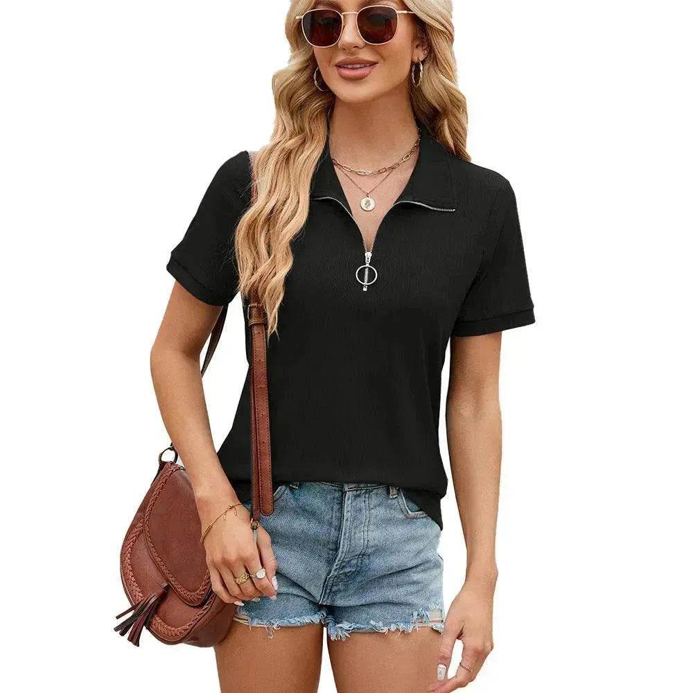 Summer Short Sleeve T-shirt Casual Loose Solid Color Zipper And Lapel Top For Women - EX-STOCK Canada