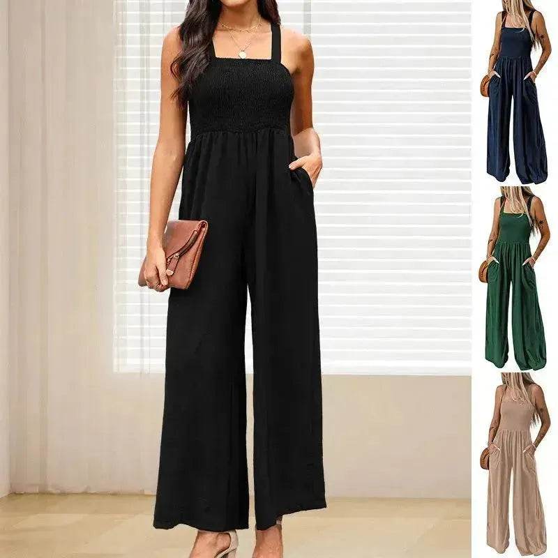 Summer Square Neck High Waist Jumpsuit Women's Backless Pleated Design Wide Leg Trousers Clothing - EX-STOCK Canada