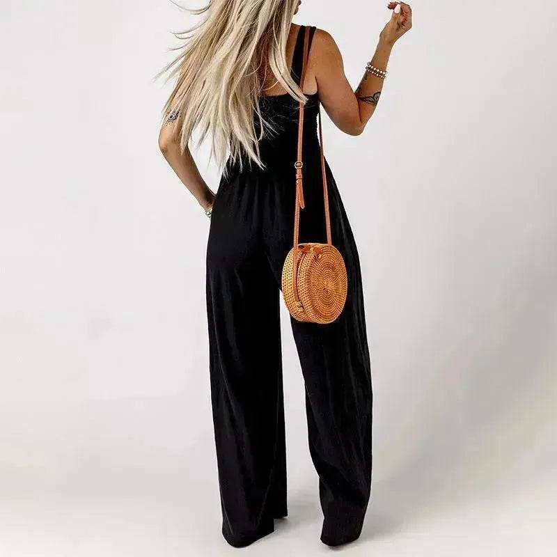 Summer Square Neck High Waist Jumpsuit Women's Backless Pleated Design Wide Leg Trousers Clothing - EX-STOCK Canada