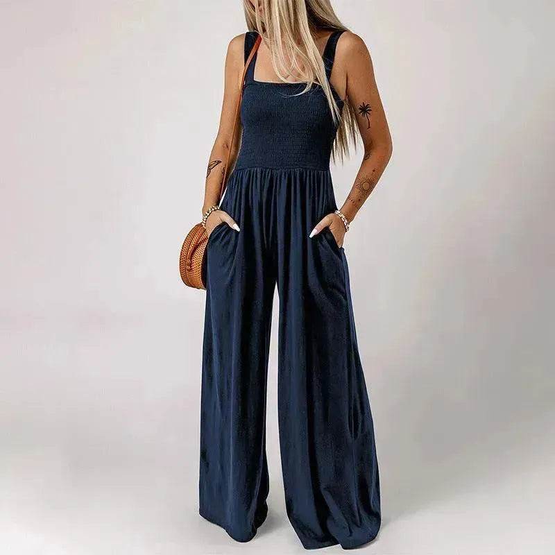 Summer Square Neck High Waist Jumpsuit Women's Backless Pleated Design Wide Leg Trousers Clothing - EX-STOCK Canada