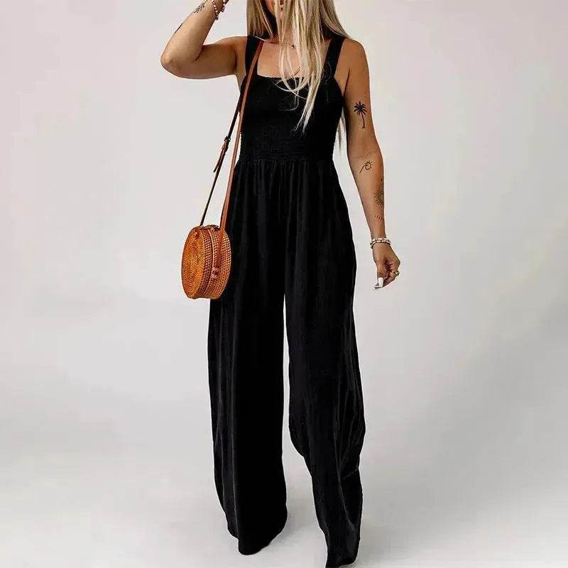 Summer Square Neck High Waist Jumpsuit Women's Backless Pleated Design Wide Leg Trousers Clothing - EX-STOCK Canada