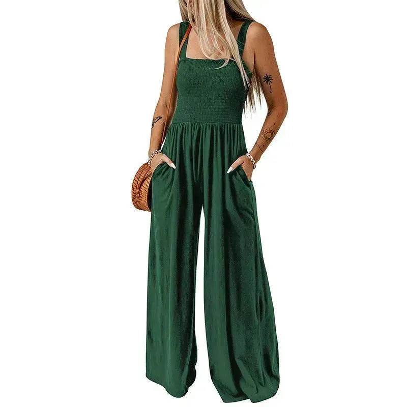 Summer Square Neck High Waist Jumpsuit Women's Backless Pleated Design Wide Leg Trousers Clothing - EX-STOCK Canada