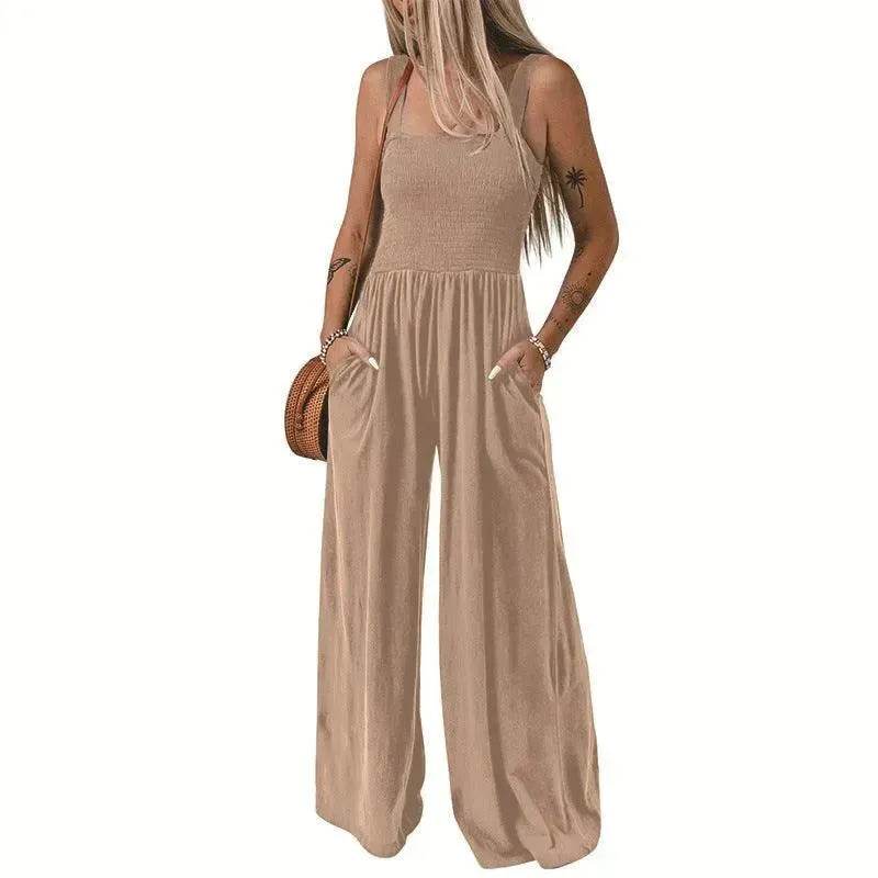 Summer Square Neck High Waist Jumpsuit Women's Backless Pleated Design Wide Leg Trousers Clothing - EX-STOCK Canada