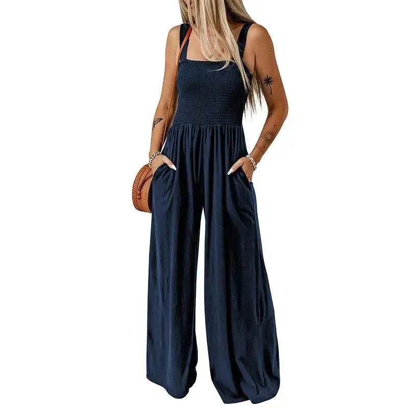 Summer Square Neck High Waist Jumpsuit Women's Backless Pleated Design Wide Leg Trousers Clothing - EX-STOCK Canada