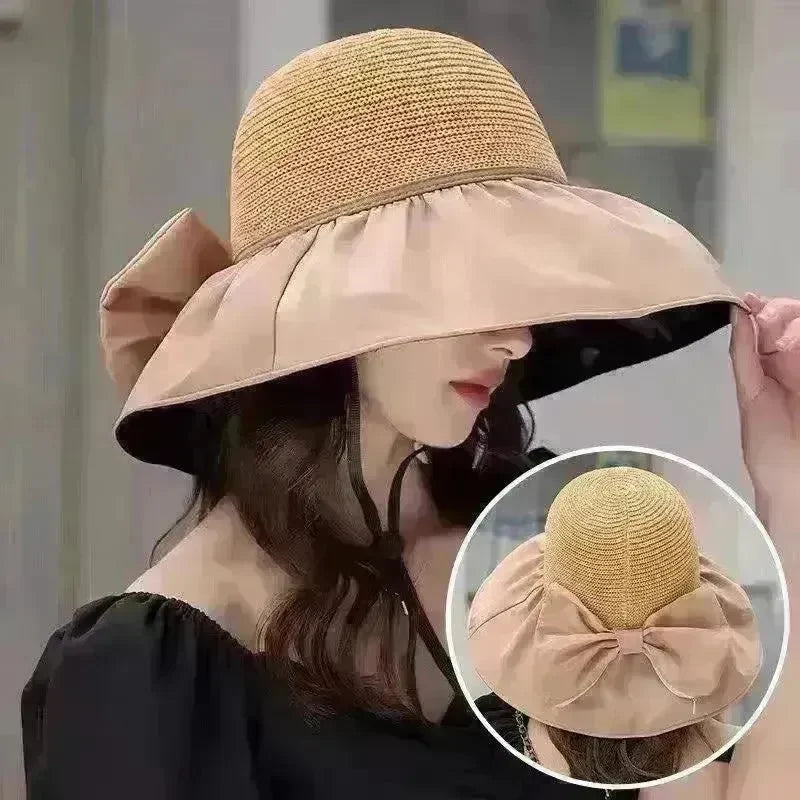 Summer Straw Sunhat With Large Brim And Big Bow Anti-UV Fisherman Hat Outdoor Sunshade And Face Protection Hat - EX-STOCK CANADA