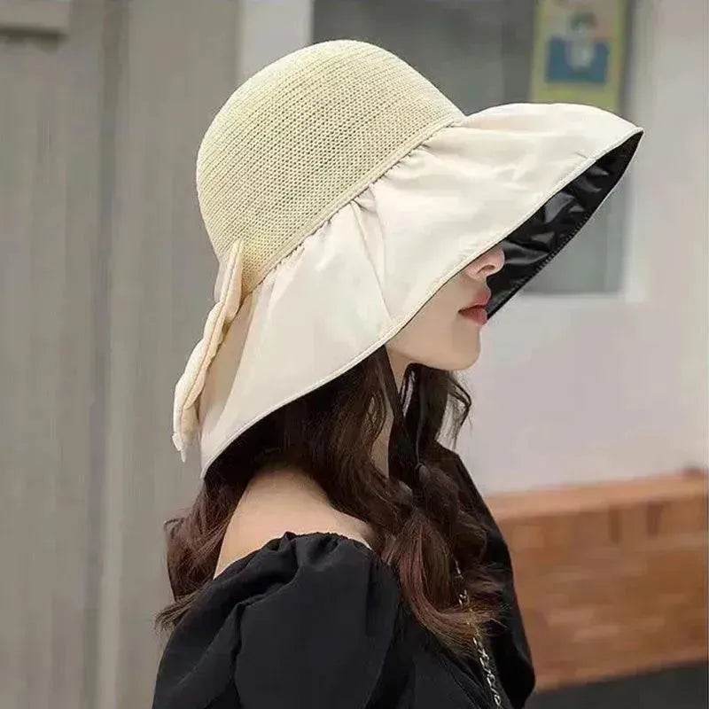 Summer Straw Sunhat With Large Brim And Big Bow Anti-UV Fisherman Hat Outdoor Sunshade And Face Protection Hat - EX-STOCK Canada