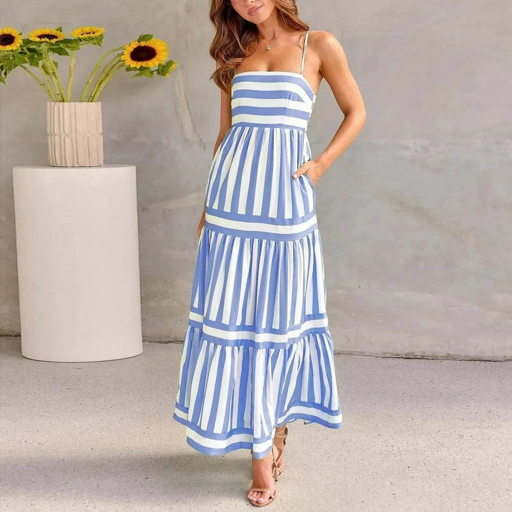Summer Striped Printed Suspender Long Dress With Pockets Fashion Square Neck Backless Dresses For Beach Vacation Women Clothing - EX-STOCK Canada