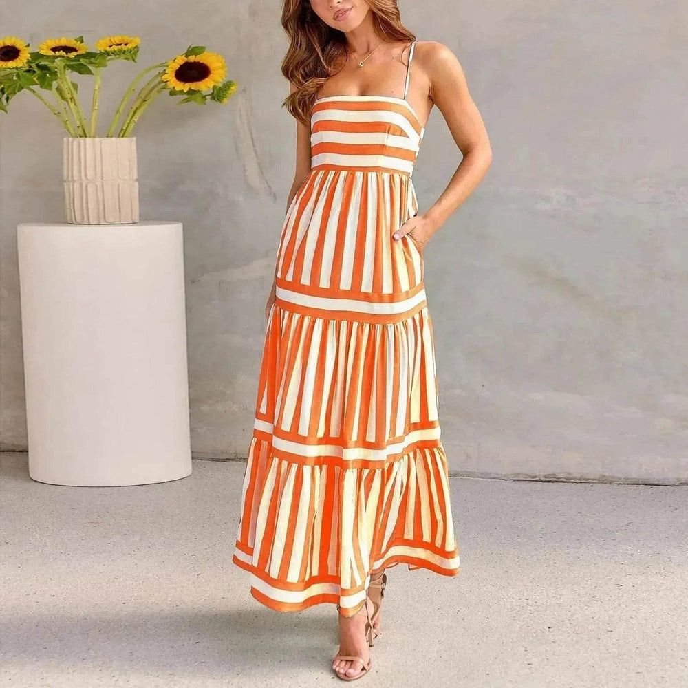 Summer Striped Printed Suspender Long Dress With Pockets Fashion Square Neck Backless Dresses For Beach Vacation Women Clothing - EX-STOCK Canada