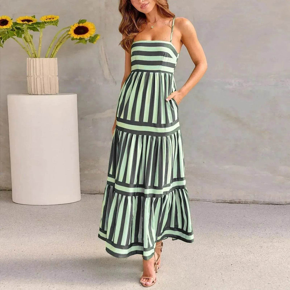 Summer Striped Printed Suspender Long Dress With Pockets Fashion Square Neck Backless Dresses For Beach Vacation Women Clothing - EX-STOCK Canada