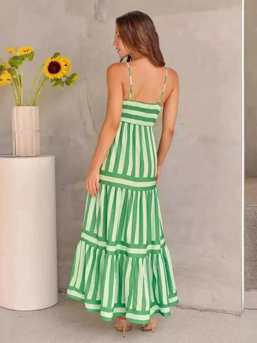 Summer Striped Printed Suspender Long Dress With Pockets Fashion Square Neck Backless Dresses For Beach Vacation Women Clothing - EX-STOCK Canada