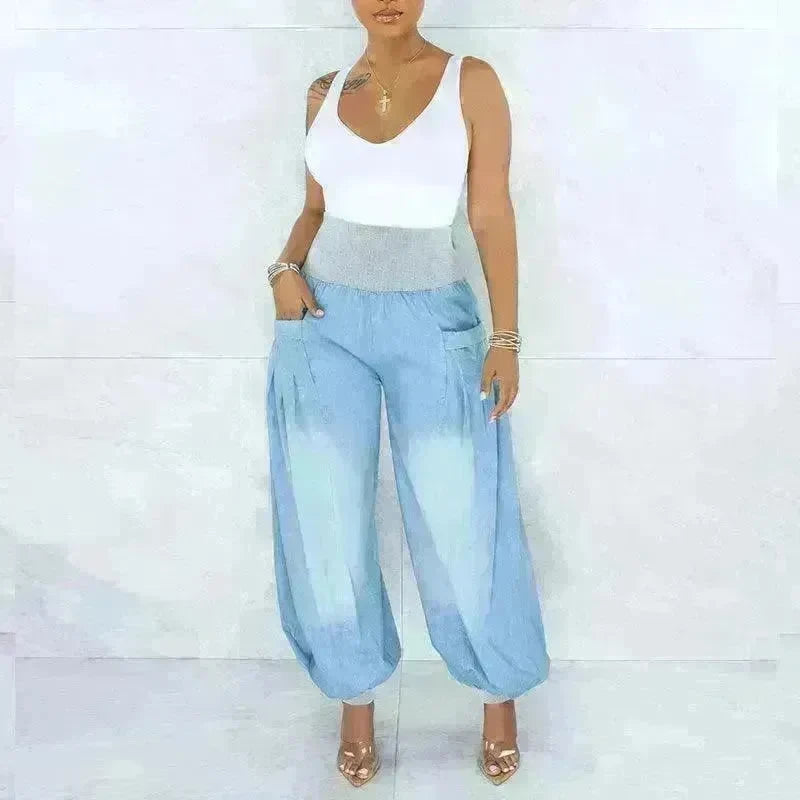 Summer Thin Loose Wide-leg Pants Harem Pants Elastic Waist Denim Trousers Women - EX-STOCK CANADA