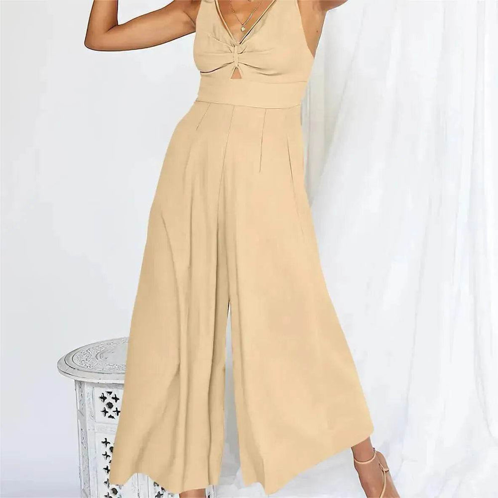 Summer V-neck Brace Hollow Out Pleating High Waist Wide Leg Pocket Women's Jumpsuit - EX-STOCK Canada
