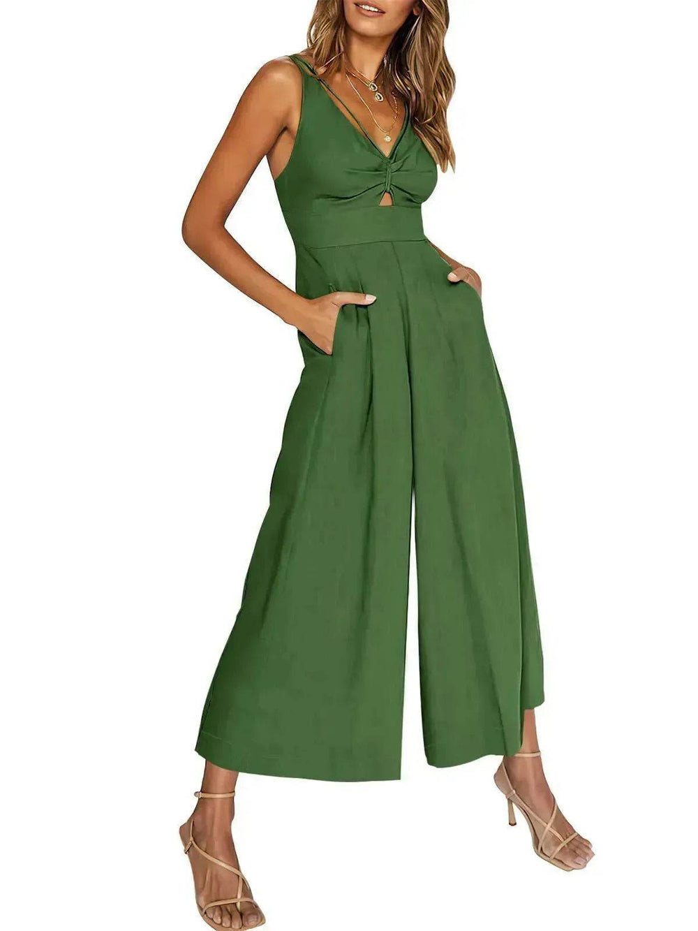 Summer V-neck Brace Hollow Out Pleating High Waist Wide Leg Pocket Women's Jumpsuit - EX-STOCK Canada