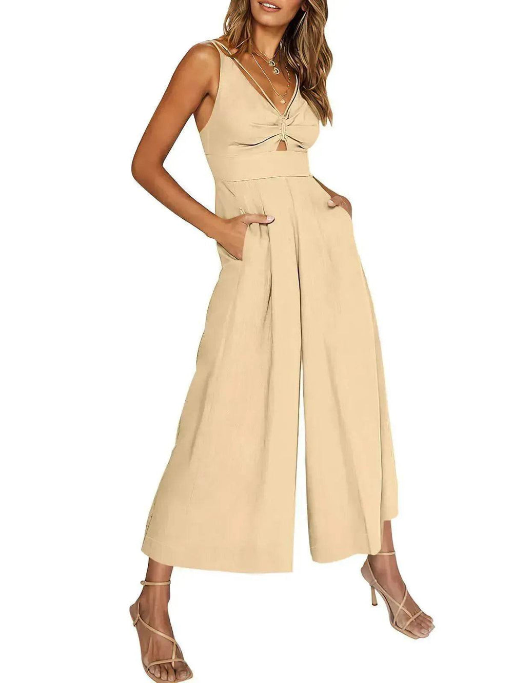 Summer V-neck Brace Hollow Out Pleating High Waist Wide Leg Pocket Women's Jumpsuit - EX-STOCK Canada