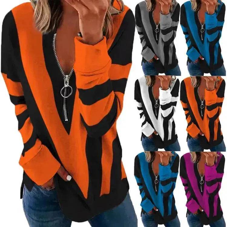 Temperament Chest Zipper V Printed Long Sleeve T-shirt - EX-STOCK Canada