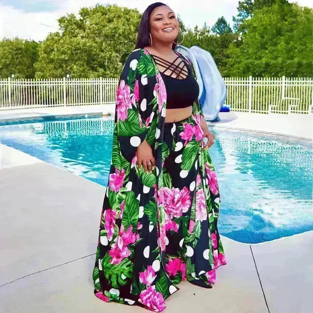 Trendy European and American Ruffle Sleeve Women's Printed Pants Coat Set - EX-STOCK CANADA