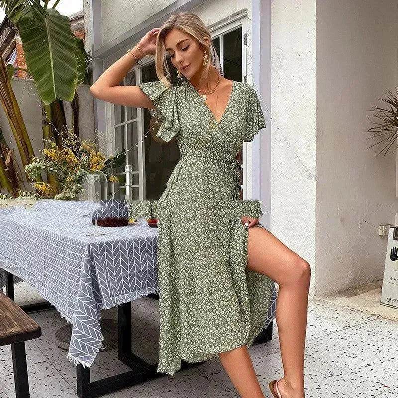 V-neck Lotus Leaf Sleeve Floral Split Dress - EX-STOCK Canada
