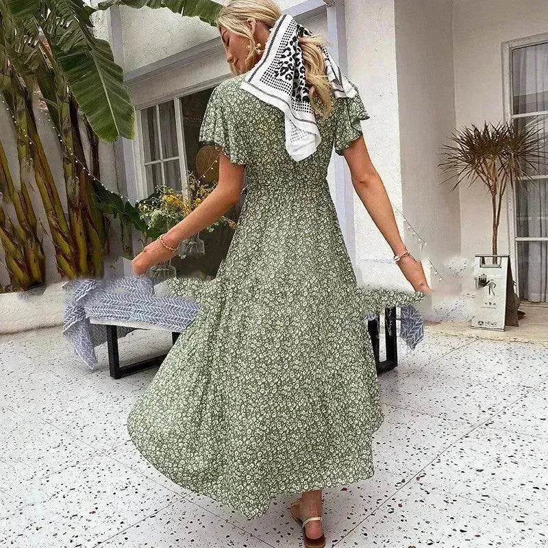 V-neck Lotus Leaf Sleeve Floral Split Dress - EX-STOCK Canada